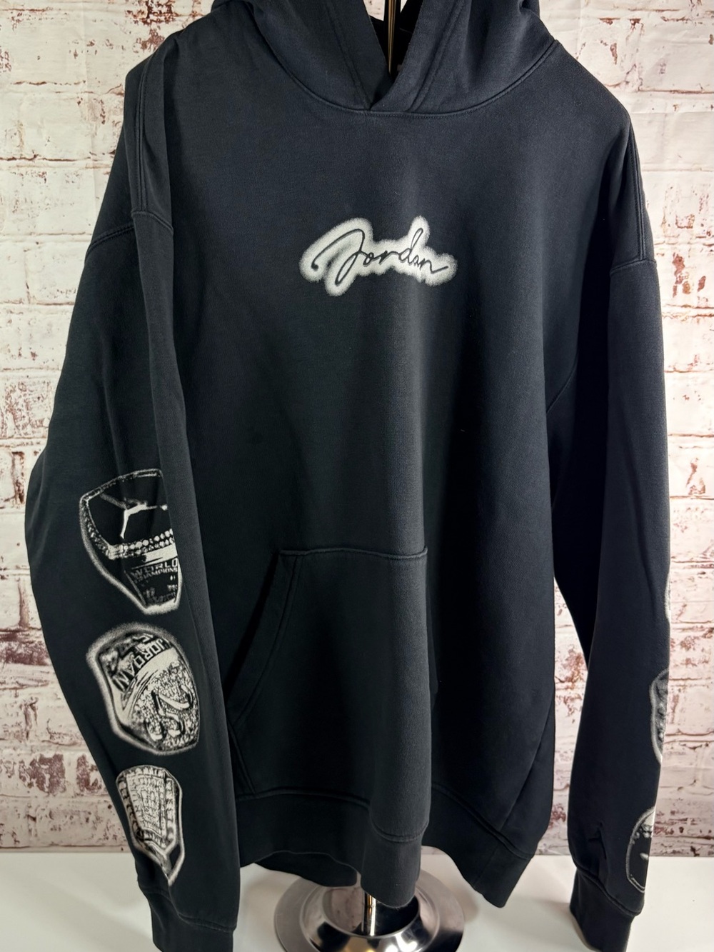 Jordan Black Pullover Hoodie with White Script and Sleeve Patches